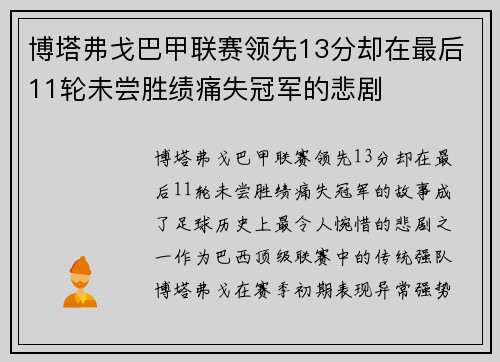 博塔弗戈巴甲联赛领先13分却在最后11轮未尝胜绩痛失冠军的悲剧 博塔弗戈巴甲联赛领先13分却在最后11轮未尝胜绩痛失冠军的悲剧