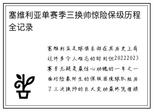 塞维利亚单赛季三换帅惊险保级历程全记录 塞维利亚单赛季三换帅惊险保级历程全记录